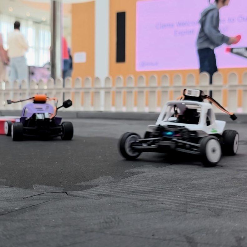 Two FPV RC cars with onboard cameras racing on the modular track